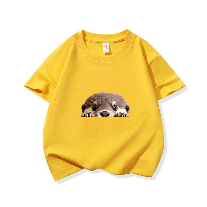 Kids Cotton T Shirt Cute Peeking Otter Print Crew Neck Short Sleeve Tee Casual Breathable Boys Girls Summer Tops
