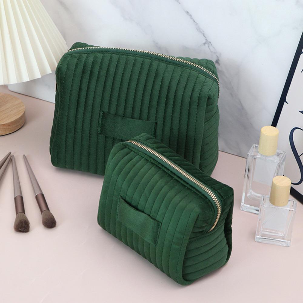 Zipper Travel Toiletry Bag Solid Color Cosmetic Pouch Portable Velvet Makeup Bag Office