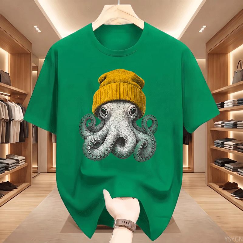 Cute Octopus Beanie T Shirt Ocean Animal Tshirt Vintage Octopus Tees Casual Round Neck Printed Cotton Short Sleeve Tshirts Tops
