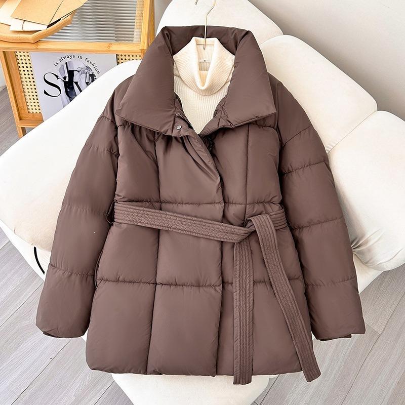 Women Stand Collar Belted Loose Fit Mid Length Long Sleeve Padded Coat Solid Color Winter Outerwear