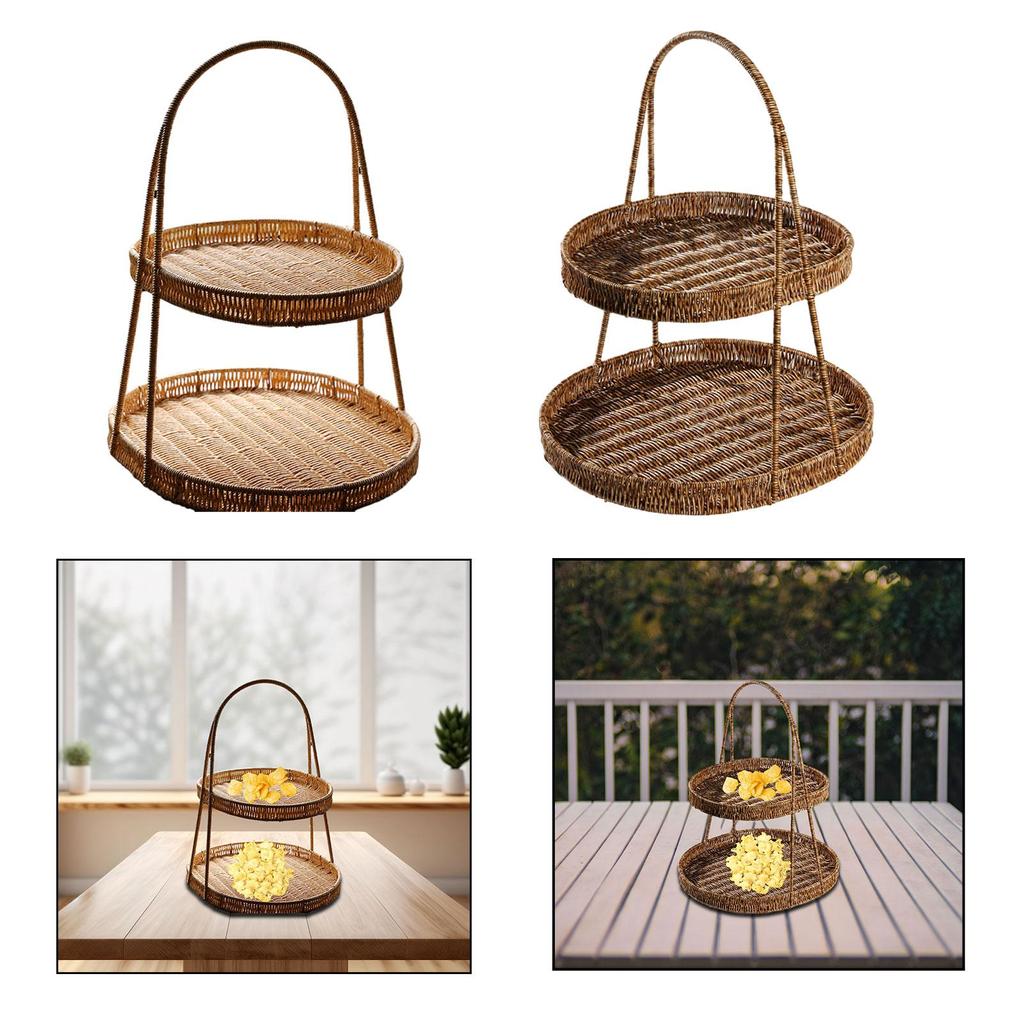 Fruit Basket Tray 2 Tier Weaving Basket Rack for Birthday Holiday Party