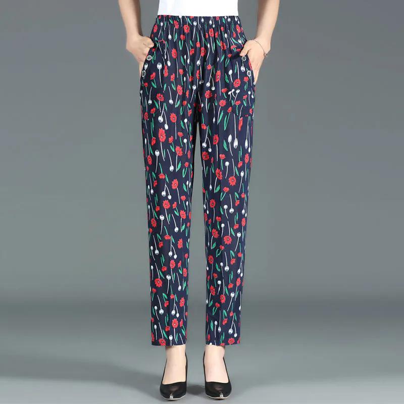 WTEMPO Большой размер, свободные повседневные брюки с высокой эластичной резинкой на талии и карманами, женские тонкие широкие брюки из ледяного шелка с принтом