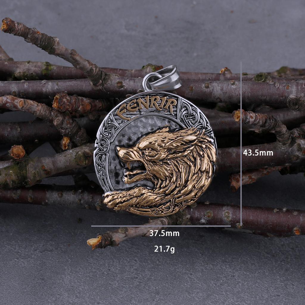 Stainless Steel Vintage Vikings Fenrir Wolf Head Necklace Mixed Gold Color Nordic Amulet Biker Pendant Jewelry Gift
