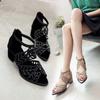 Rhinestone Fish Mouth Sandals Women's Summer New Fashion Hollow Large Size Thick Heel Middle Heel Rear Zipper Sandals