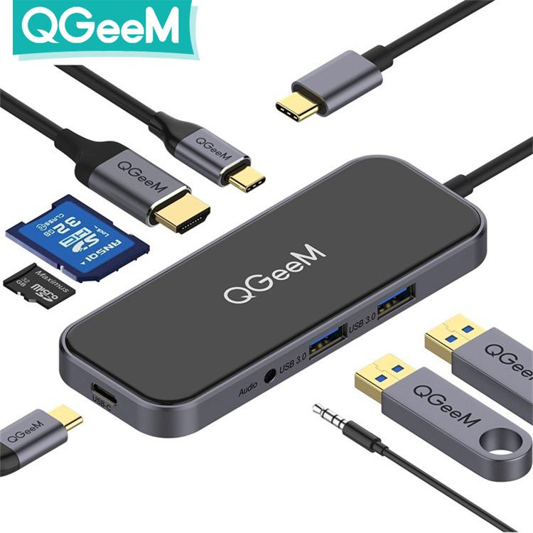 QGeeM 8 портов USB C Hub для Macbook Pro Air Type C Hub 3,0 Адаптер TF SD 3,5 мм PD Aux HDMI Type C Hub для iPad Pro ПК Разветвитель док-станции