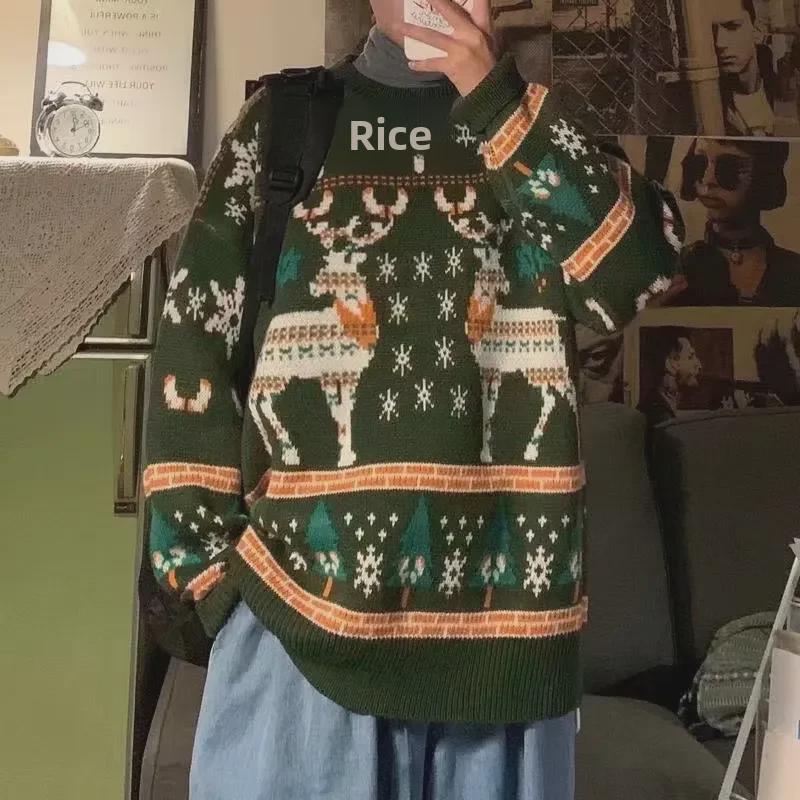 Мужской вязаный рождественский свитер в стиле ретро: Осень/Зима Плотная, Свободная, Ленивый Гонконгский Стиль, Круглый вырез, Модная Рубашка с Подкладкой