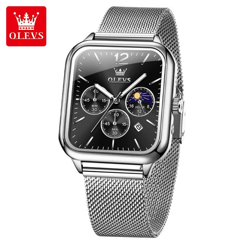 Square Quartz Men's Watch Three Eye Timer Moon Phase Automatic Date Waterproof Luminous Sports Watch