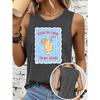 Women's sleeveless vest T Shirt Drink straw blue striped letter print casual crew neck top Soft, skin-friendly, breathable, comfortable, machine