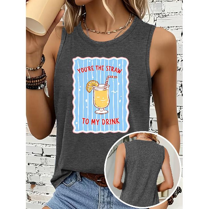 Women's sleeveless vest T Shirt Drink straw blue striped letter print casual crew neck top Soft, skin-friendly, breathable, comfortable, machine
