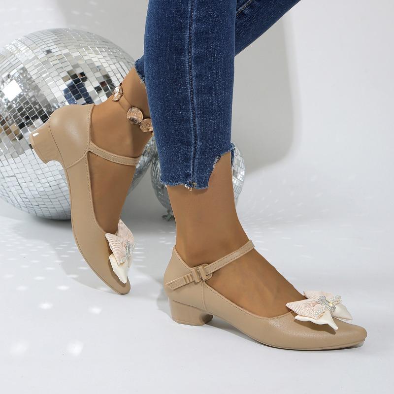 Женская обувь 2024 года, женские туфли на высоком каблуке с пряжкой и ремешком, туфли-лодочки для улицы, женские туфли с завязками, бисером и бантом, с кристаллами, на квадратном каблуке, женские