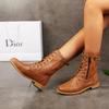 2025 New Foreign Trade Large Size Round Toe Thick Heel Lace-up Side Zipper Solid Color Low Top Women's Martin Boots