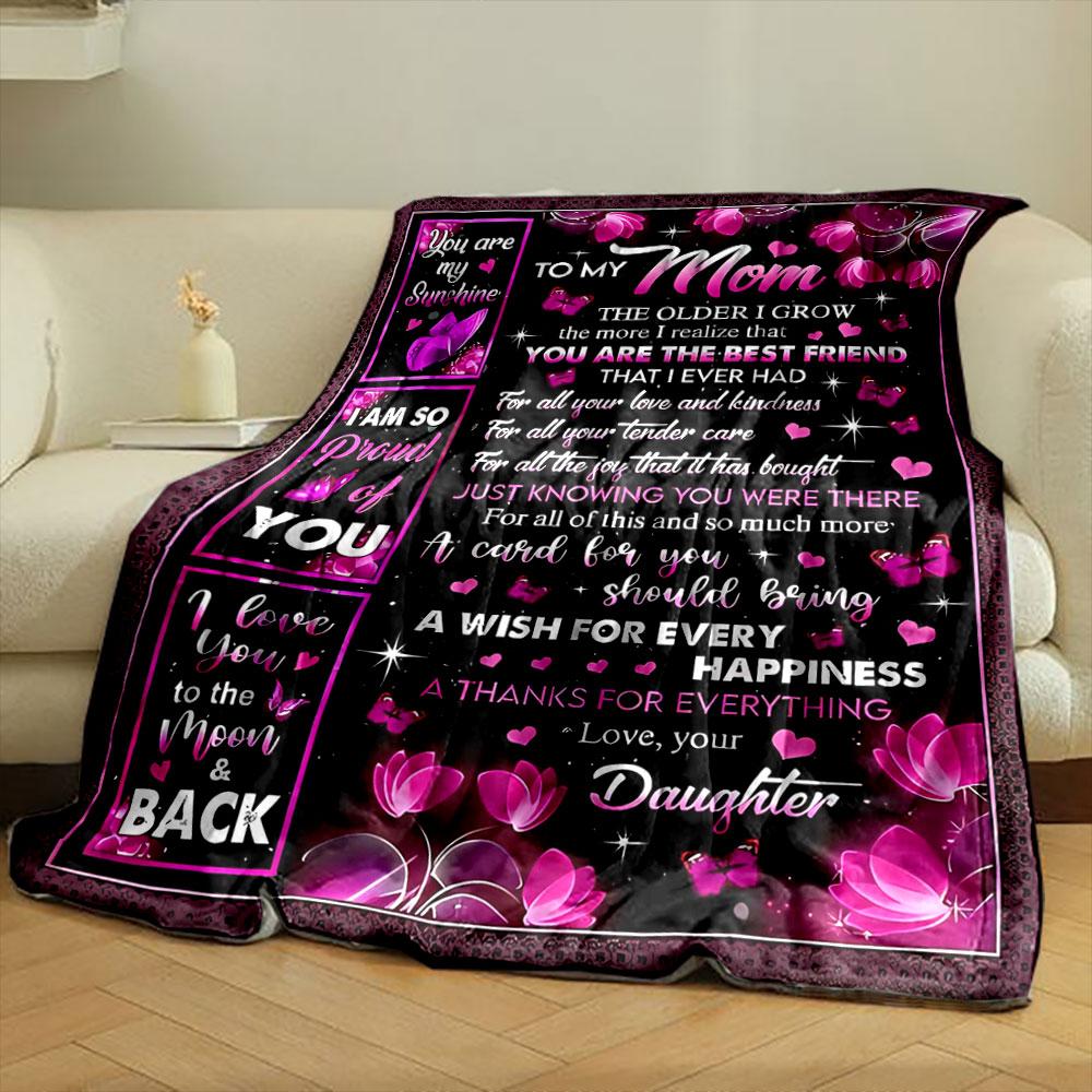 To My Mom Love Words Pink Butterfly Design, Warm Blanket Blanket for Livingroom Couch lunch break Soft throw for Friend's festival Gift