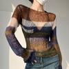 Color Blocking Hollow Out Design Striped Sexy Versatile Pullover Street Style Knitted Sweater for Women