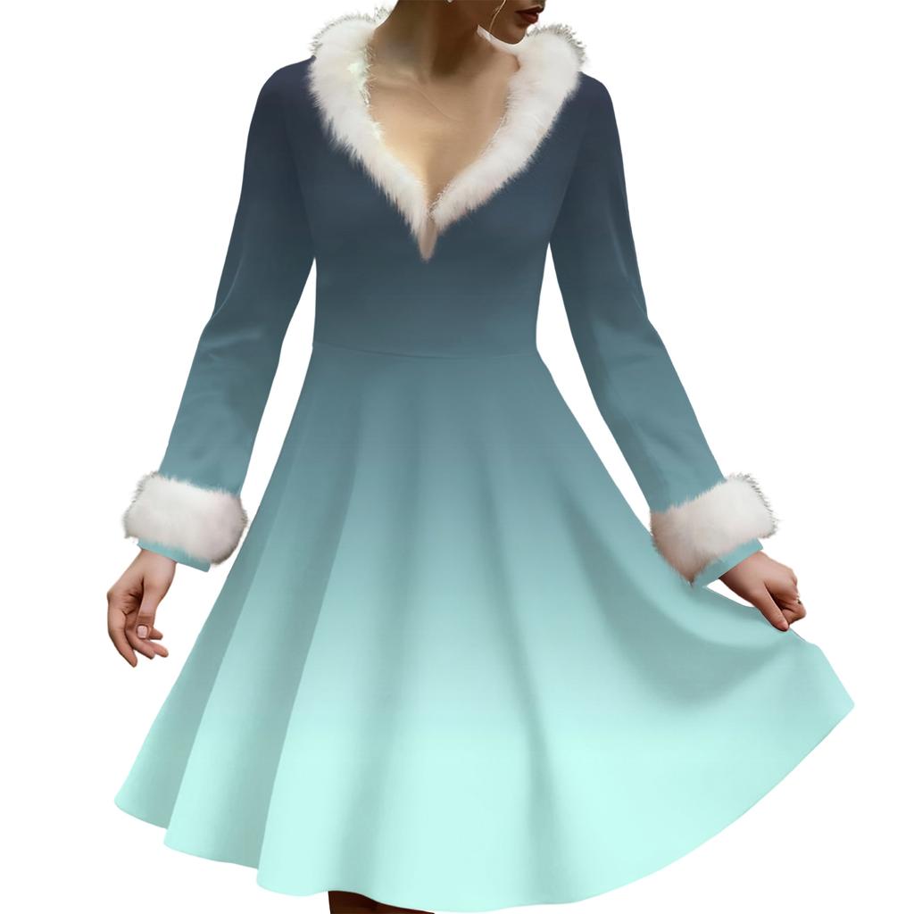 Женское повседневное платье с V-образным вырезом, рождественским принтом, плюшевыми длинными рукавами