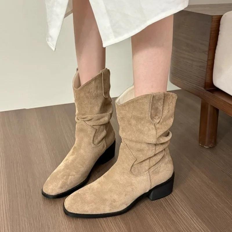Boots Women 2024 New Fashion Pleated Women's Mid Calf Low Heel Ladies Pointed Toe Knight Boots High Quality Ankle Boots