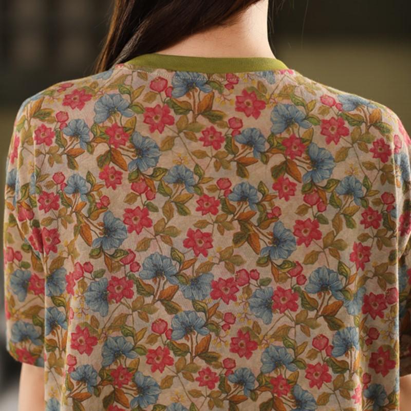 Johnature Women Print Floral T-Shirts O-Neck Short Sleeve Soft Summer Loose Casual T-Shirts