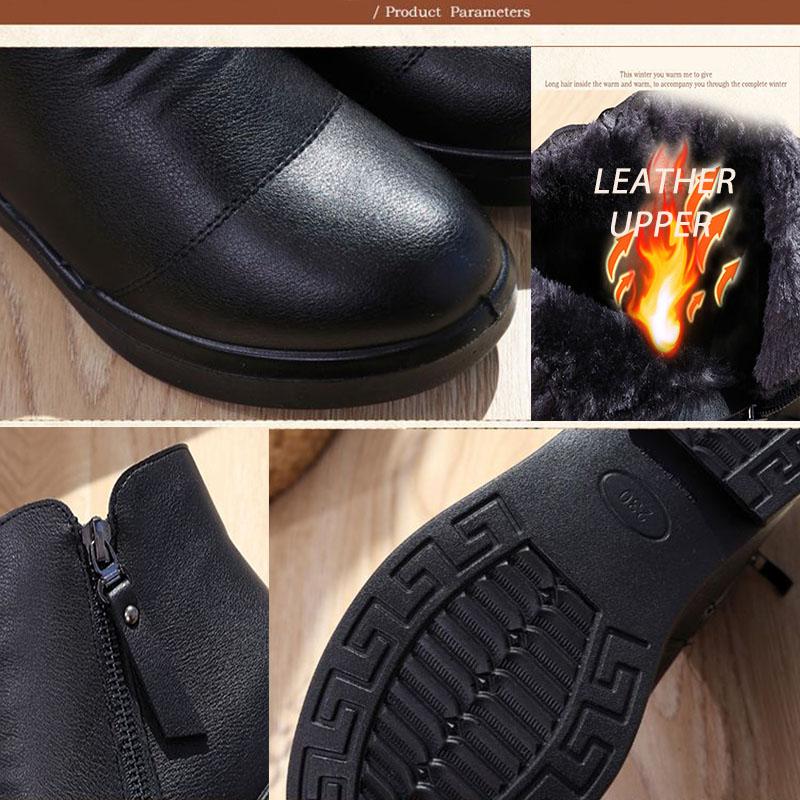 Кожаные сапоги. Женские осенние и зимние короткие сапоги на плоской подошве. Теплые плюшевые противоскользящие женские сапоги.