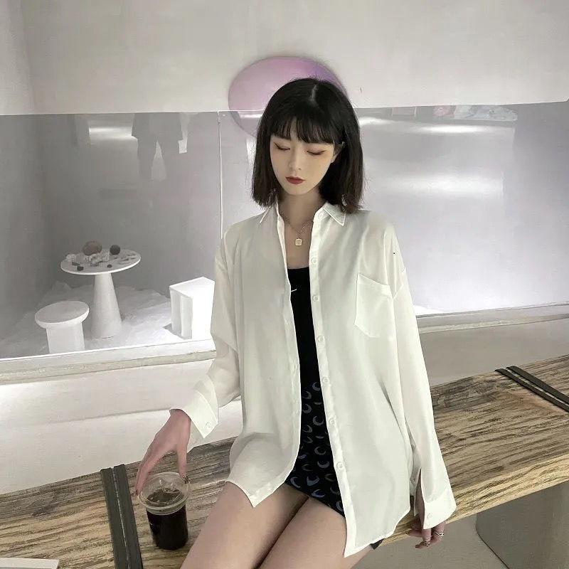 WTEMPO Брендовые студентки с длинными рукавами, свободные солнцезащитные кремы, длинная корейская версия свободной рубашки, модные повседневные женские топы с баской, темпераментные женские топы
