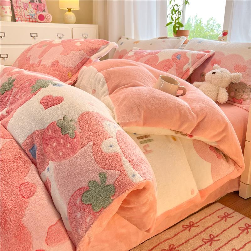 Snowflake Fleece Four-Piece Set, Thickened Milk Coral Fleece Quilt Cover, Double-Sided Fleece Quilt Cover, Bed Sheet, Bed Hat Three-Piece Set