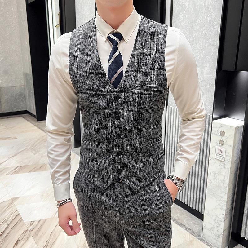 Британские корейские мужчины в клетку (костюм + Жилет + Брюки) Стильный и красивый деловой повседневный костюм-тройка