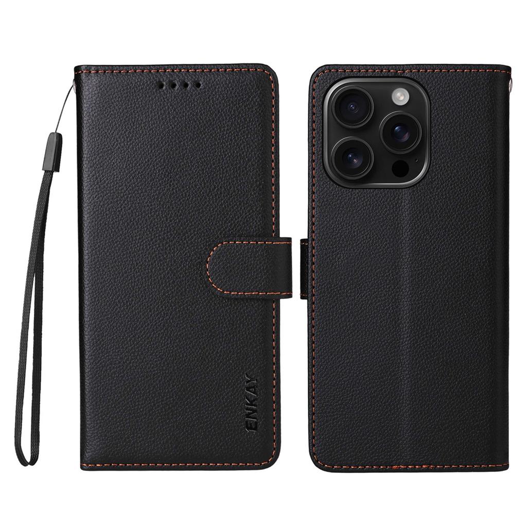 For iPhone 16 Pro Wallet Case with Strap RFID Blocking Leather Stand Phone Cover