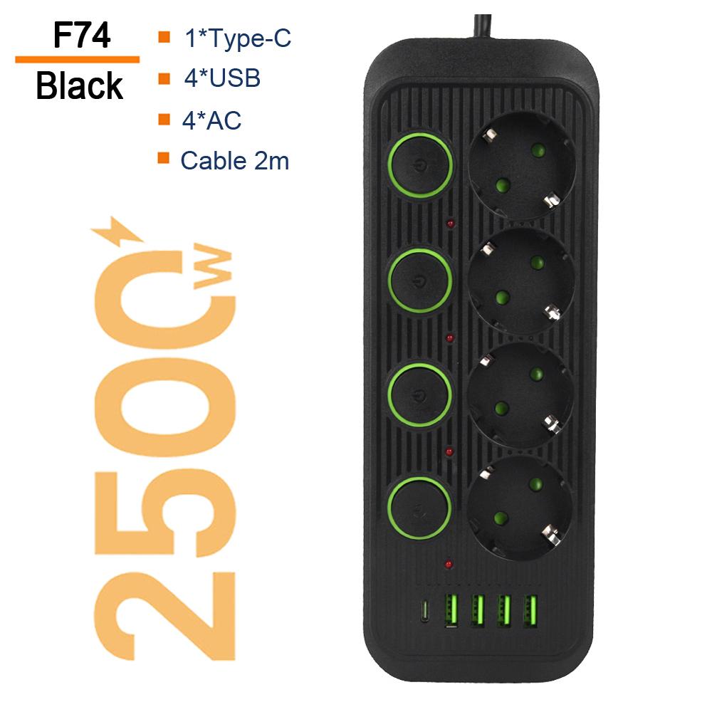 Вилка европейского стандарта с несколькими розетками и портами USB Type C. Кабель-удлинитель длиной 2 м. Независимая розетка управления. Сетевой фильтр. Электрический переменный ток.