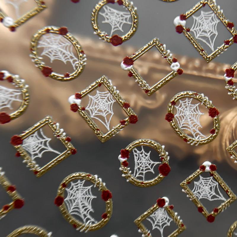 Halloween Gold Foil Nail Art Stickers 3D Vintage Spider Web Decals Self-Adhesive Decorations Party