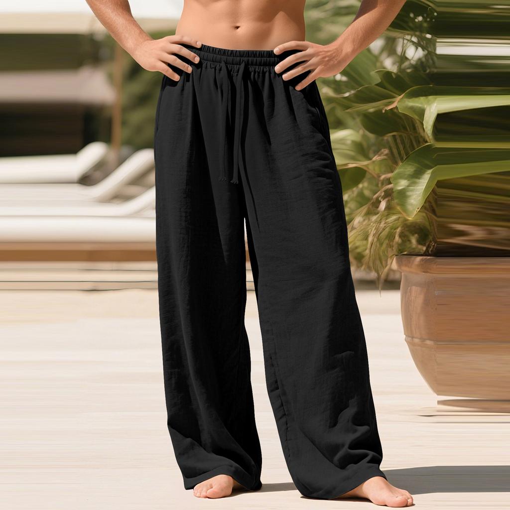 Men's Linen Loose-fitting Casual Sports Pants With Pockets And Drawstring, Solid Color
