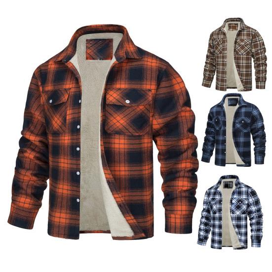 Men Fall Winter Jacket Plaid Print Lapel Soft Plush Pockets Single-breasted Loose Thickened Long Sleeve Casual Mid Length Men Coat