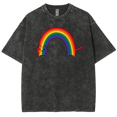 Футболка женская с рисунком в виде радуги и кота, в мультяшном стиле, простая и милая, с коротким рукавом, свободная, в стиле ретро, с круглым вырезом