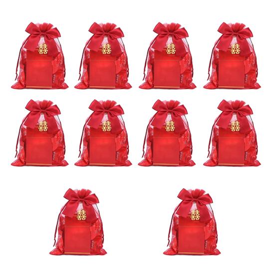 10 шт. Свадебный мешочек Подробный Легко носить Тщательное исполнение Китайский красный Затягивающийся Подарочный мешок для магазина