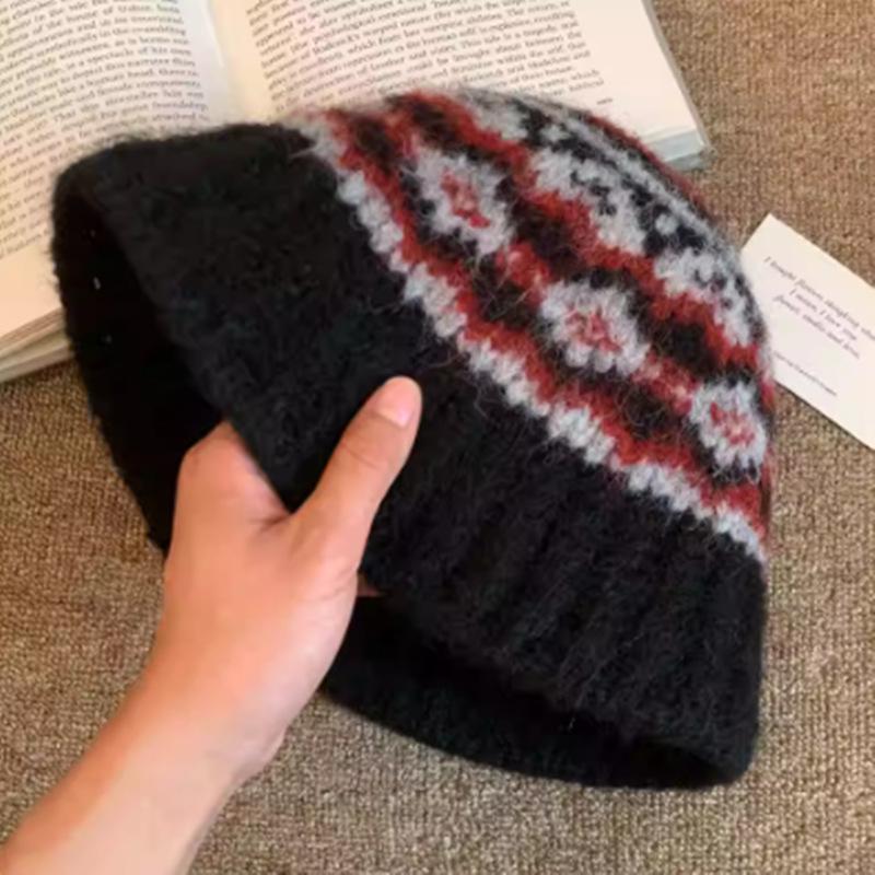 Fair Island style knitted bucket hat women's autumn and winter high-end thermal basin hat big head circumference versatile wool bucket hat