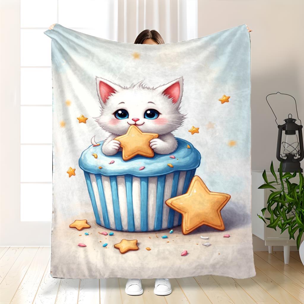 White Cat and Cookie Theme Blue Flannel printed blanket suitable for all seasons suitable for living room office sofa and travel