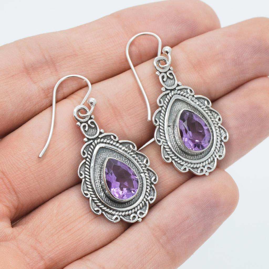 Vintage Amethyst Earrings: 925 Sterling Silver Dangle Drop Earrings