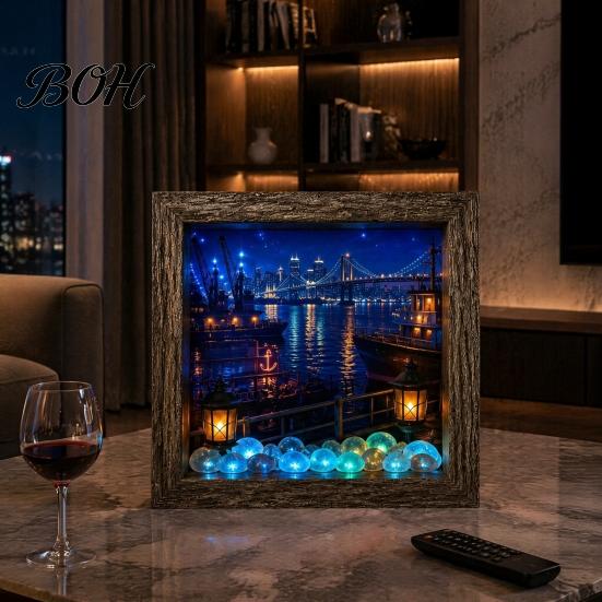 Unique Housewarming Present Wooden 3D Shadow Box LED Night Light, Retro Street Scene Light Table Nostalgic Lamp Decor, Warm Glow Art Frame Decoration