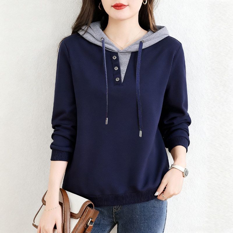 Sale for Foreign Trade Export: 100% Pure Cotton Long-Sleeve Stylish Hooded T-Shirt for Women, Autumn, Plus Size, Casual Base Shirt, Trendy Top