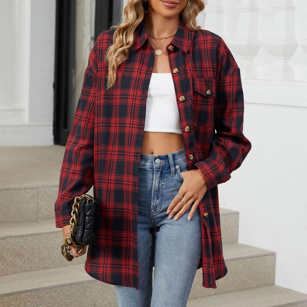 Женская модная широкая клетчатая куртка-рубашка с длинными рукавами и карманами на пуговицах