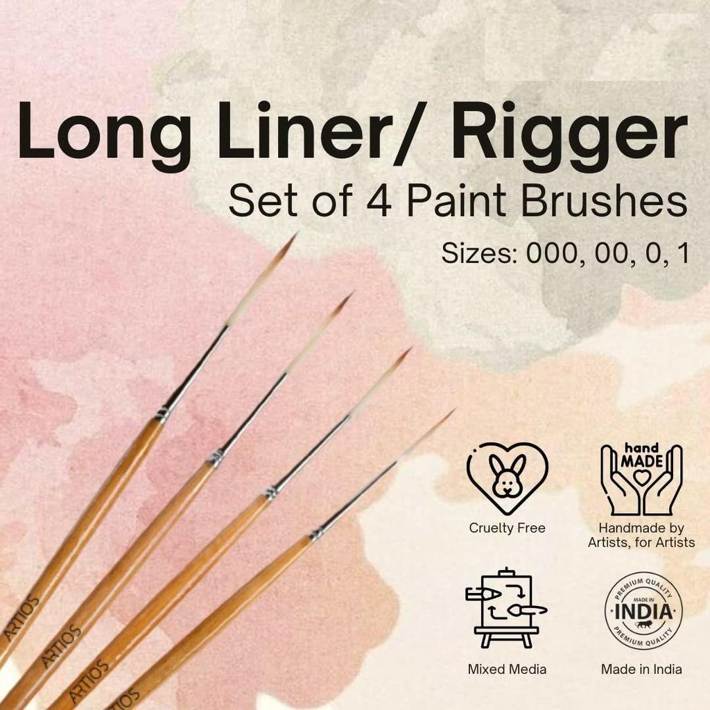 Fine Detailing Brush Set for Painting - Long Liner Rigger Set of 4 With Holder for Acrylic, Oil, Watercolor & Gouache