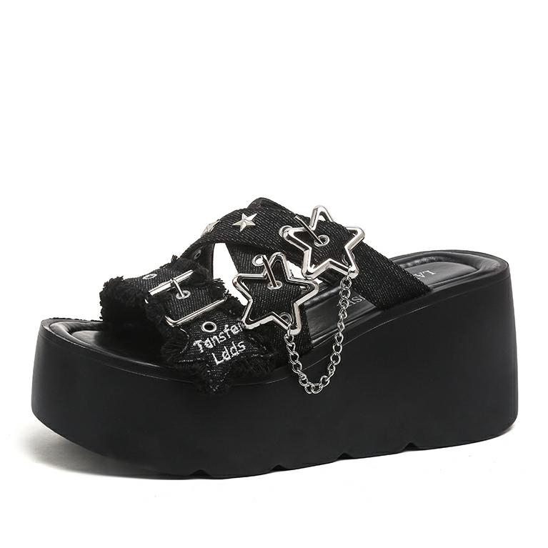 Fashion 9CM Punk Gothic Platform Canvas Shoes Open Toe Buckle Strappy Summer Sexy Rivets Thick Heels Footwear Gladiator Sandals Women