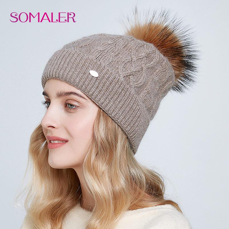 SOMALER Womens Winter Warm Knitted Hats with Fur Pompom Soft Angora Wool Cuff Twist Dome Beanie Female Solid Color Skull Cap