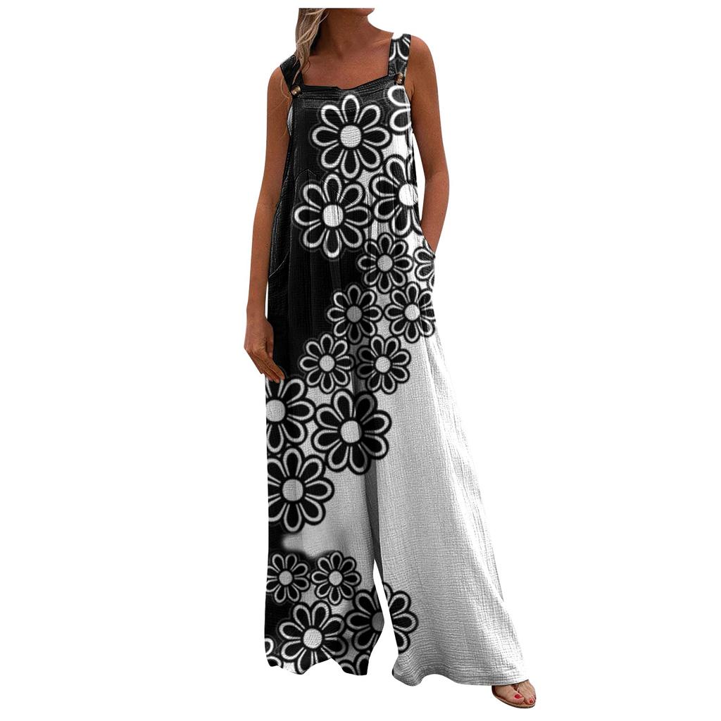 Женский повседневный свободный комбинезон без рукавов с принтом, комбинезон с квадратным вырезом, широкими штанинами и карманами