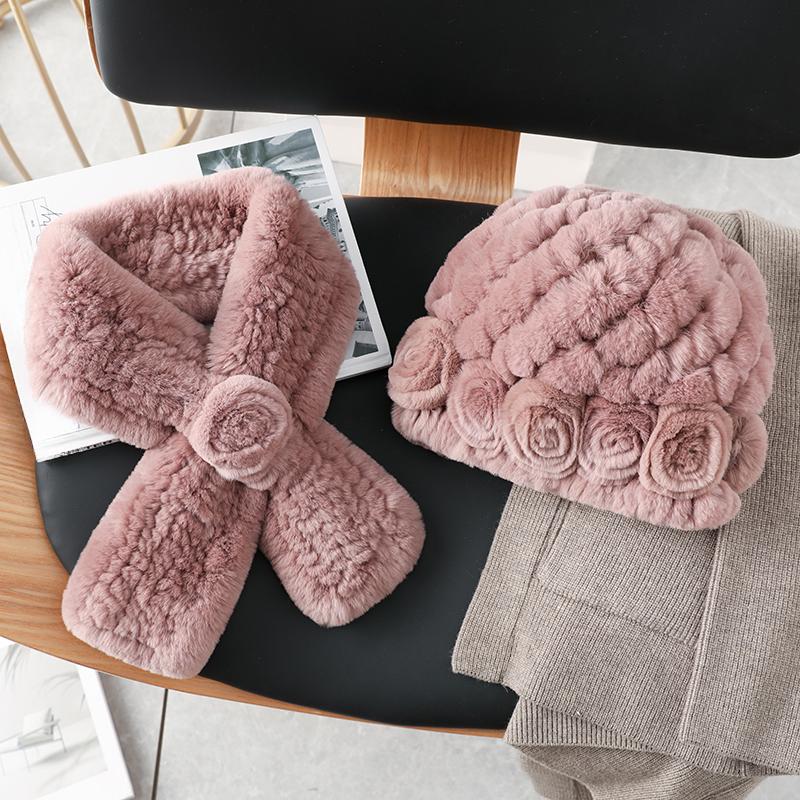 Winter Warm Scarf Hat Two-piece Set, Middle-aged and Elderly Temperament Rex Rabbit Fur Hat, Mother Flower Scarf
