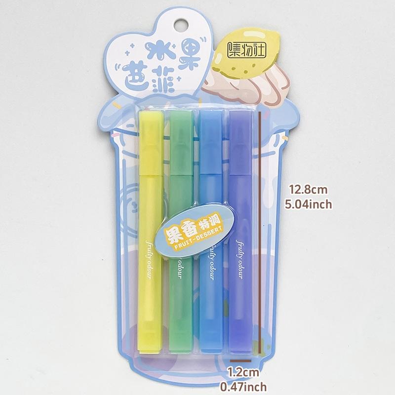 4pcs Fruity Odour Color Highlighter Pens Set Fruit Buffet Design Soft Brush Tip Marker Liner for Drawing Painting