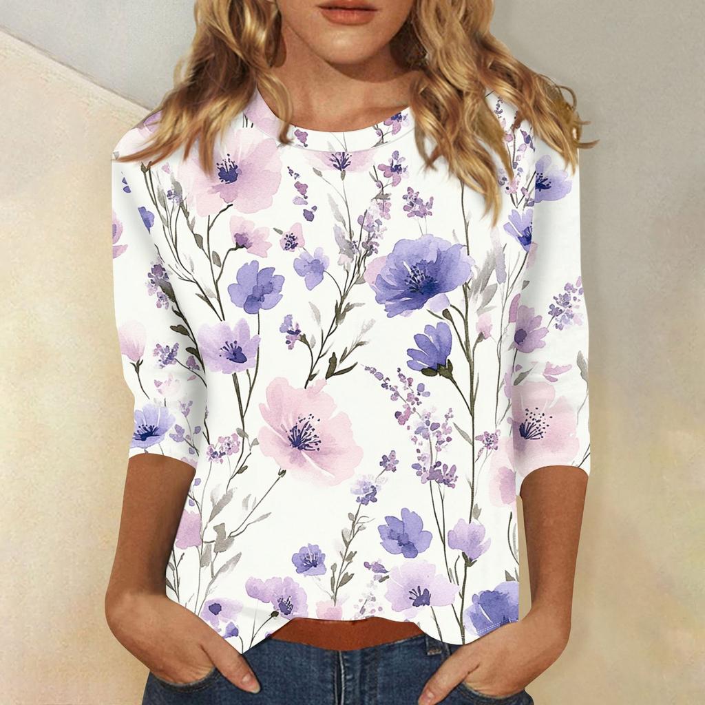 Женская модная повседневная футболка с круглым вырезом и принтом 3/4