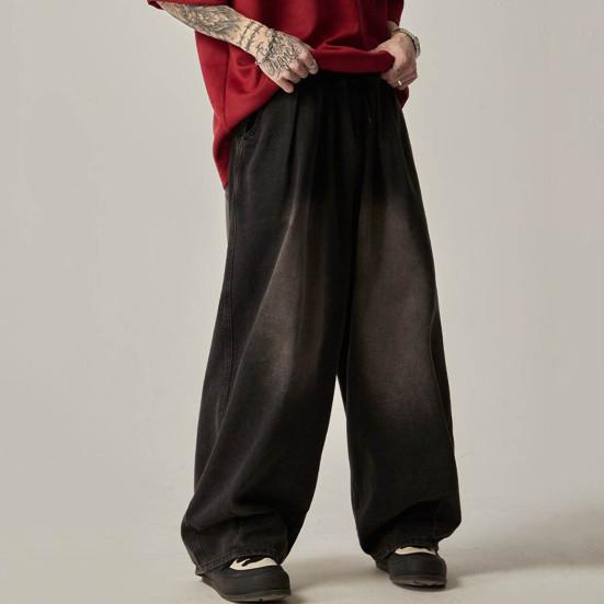 Мужские однотонные брюки большого размера с драпировкой и широкими штанинами из денима с эластичной резинкой на талии на весну и осень