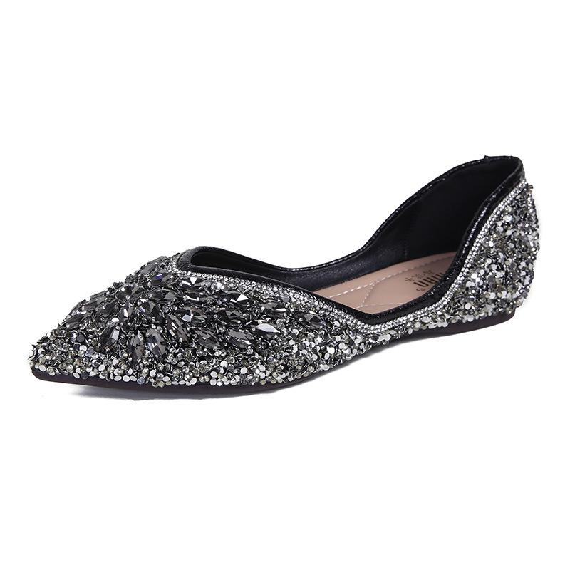 Spring New Pearl Rhinestone Shallow Mouth Square Head Single Shoes Flat Bottom Temperament