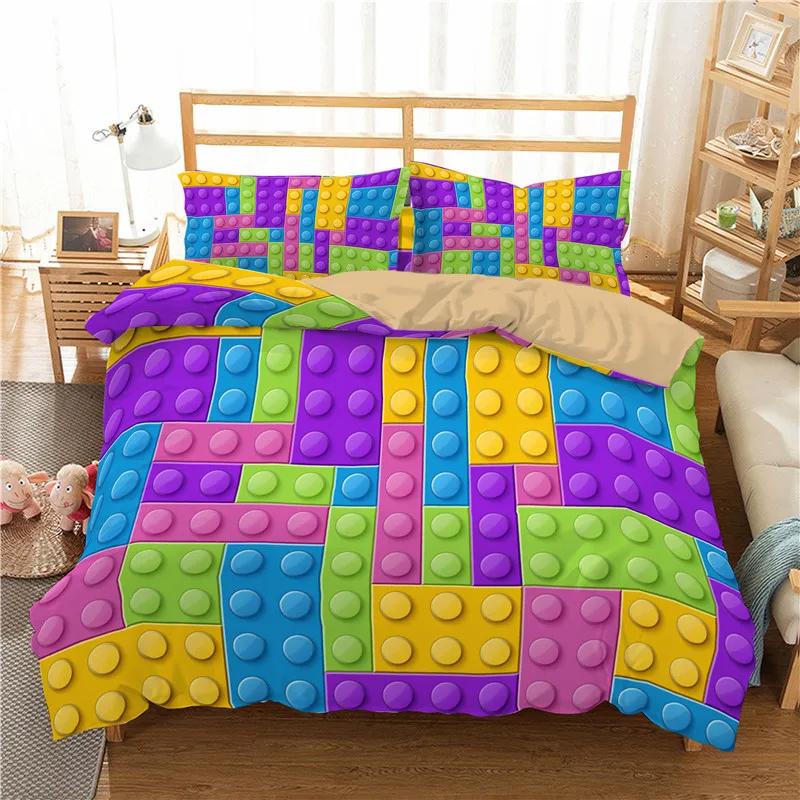 Building Block Duvet Cover Single Queen Bedding Set Colorful Toy Cubes Blocks Printed Soft Microfiber Quilt Cover for Teen Girls