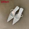 Fashion Fashion Weave Shallow Women Low Heel Sandals Shoes Female Mules Pointed Toe Ladies Heeled Sandals Shoes Slides Footwear