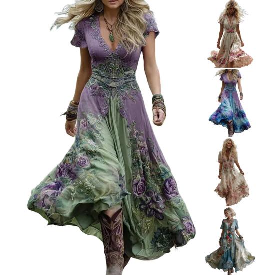 Женское длинное платье с цветочным принтом, короткий рукав, V-образный вырез, расклешенное платье, бохо, струящееся, А-силуэта, повседневное, для выпускного, вечеринки, на свадьбу