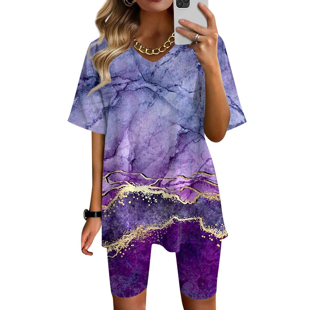 Womens Loungewear Two Piece Outfits For Women Summer V Neck T-Shirt Tops Shorts Workout Sports Tracksuit